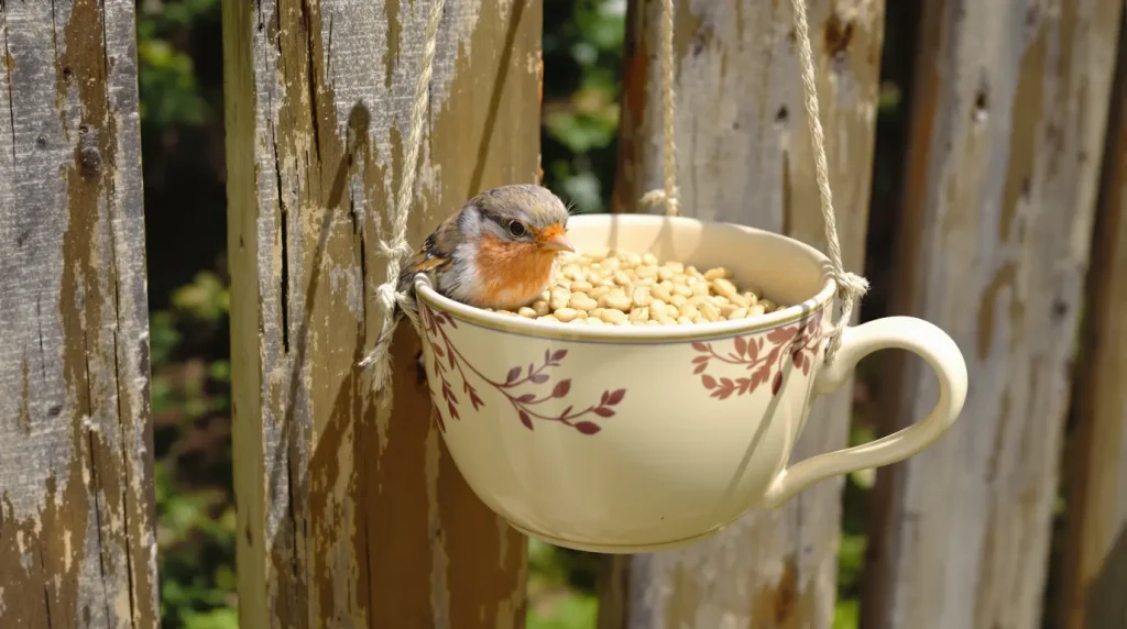 En avril, ces anciennes tasses sur la clôture du jardin aident les oiseaux et protègent discrètement votre potager
