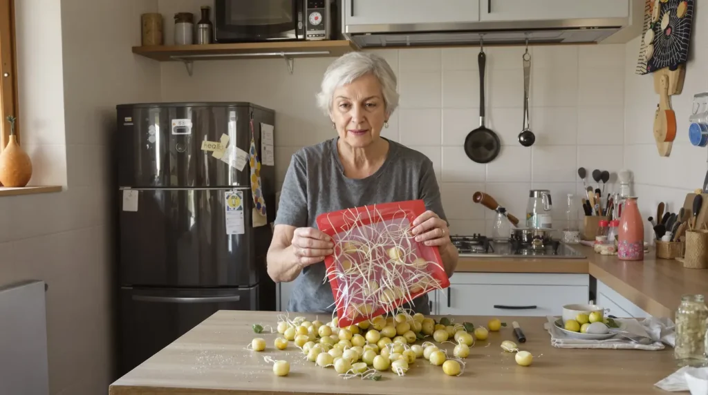 Pommes de terre qui germent dans leur filet : ce geste simple les garde bien fermes pendant des semaines au lieu de quelques jours